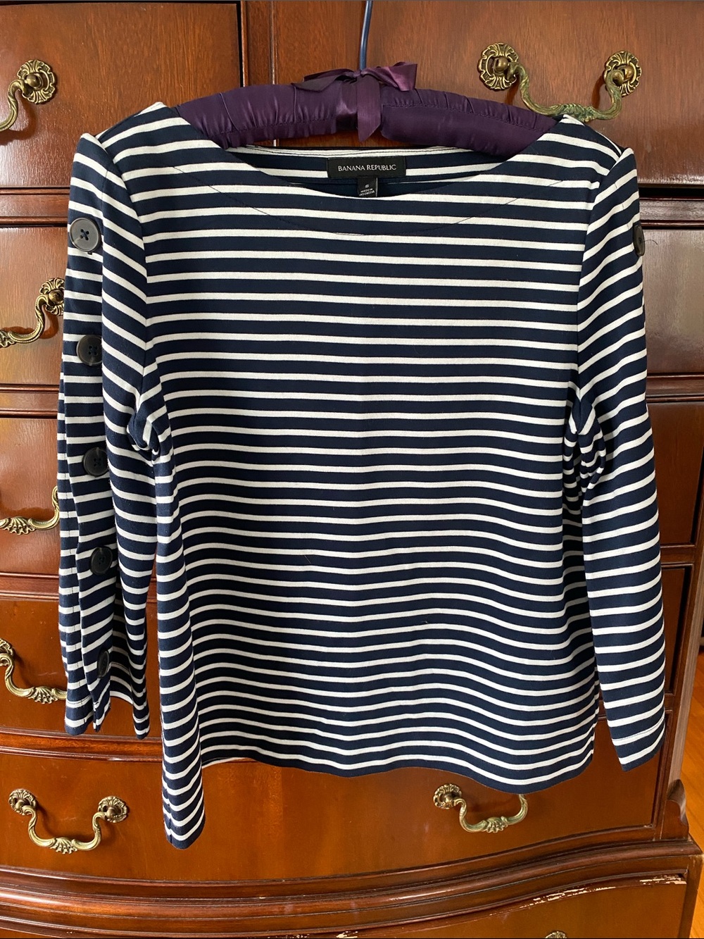 Banana Republic Navy and White Striped Boatneck 3/4 Sleeve Top